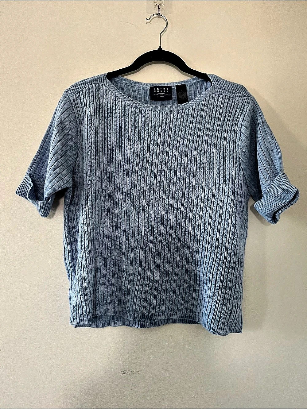 Vintage 100% Cotton Blue Cable Knit Sweater Top Large Petite Equestrian Preppy